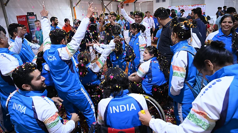 Indian para shooters' team celebrating finishing third in the medal tally on the final day of the tournament. - Photo: X/ @ShootingPara