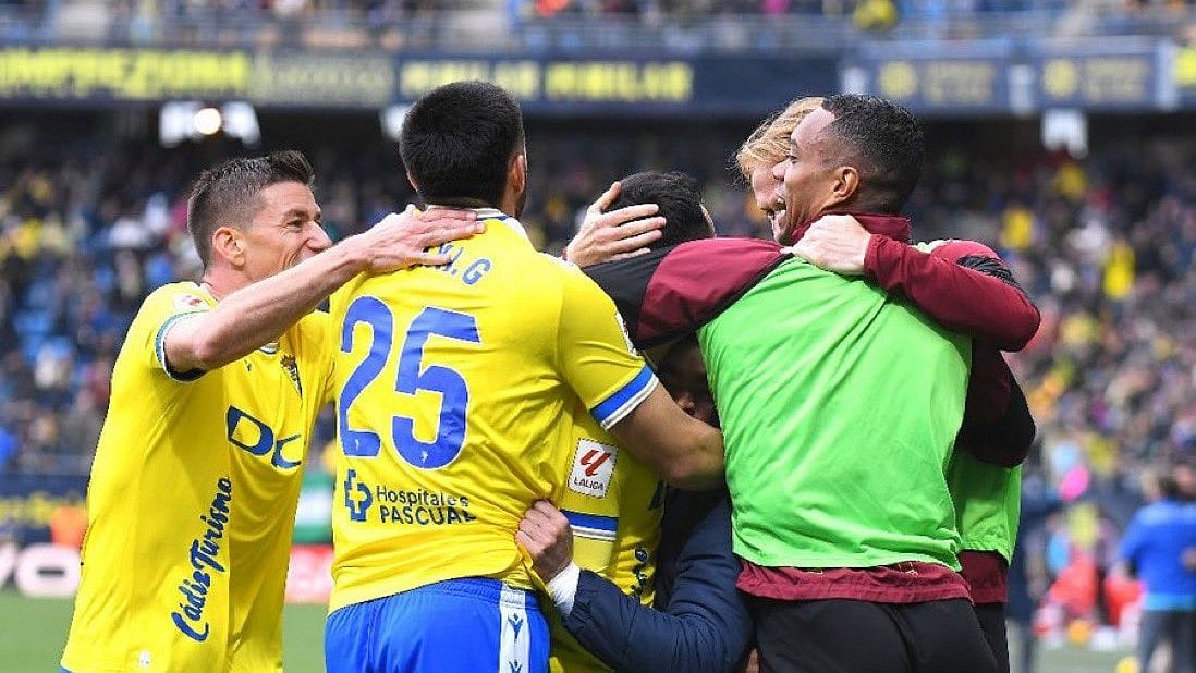 (Photo: X|Cadiz CF) : Cadiz celebrates 2-0 win over Atletico Madrid at La Liga 2023-24 on March 9, Saturday. 