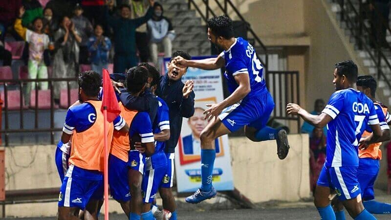 AIFF Media : Goa players celebrate a goal against Manipur during their Santosh Trophy 2023-24 semi-final match in Itanagar.