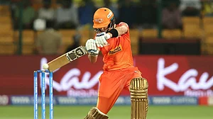 Photo: X/ @wplt20 : Gujarat Giants' Laura Wolvaardt playing a shot during her innings against UP Warriorz in WPL 2024.