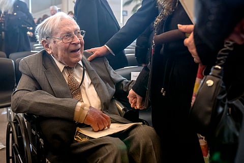Ghost Army member Seymour Nussenbaum, of Monroe Township, N.J, talks with well-wishers after a ceremony to honor members of their secretive WWII-era unit with the Congressional Gold Medal on Capitol Hill