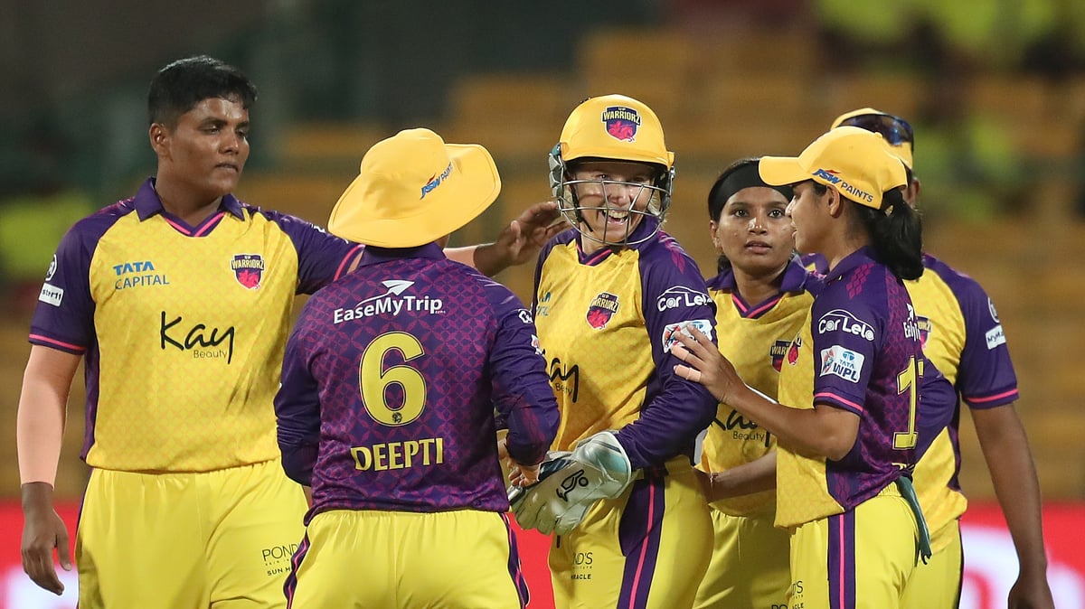 Photo: X/ @wplt20 : UP Warriorz players celebrating the wicket of Gujarat Giants players in WPL 2024.