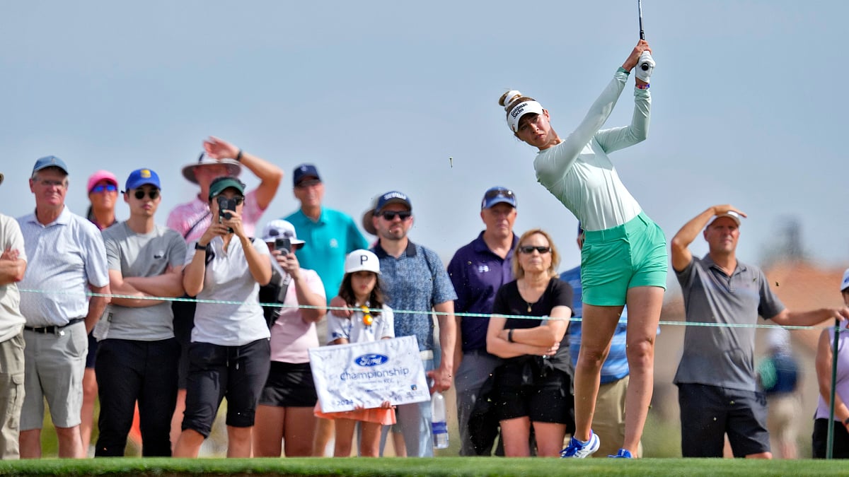AP/Matt York : Nelly Korda hits from the ninth tee during the first round of the LPGA Ford Championship golf tournament in Gilbert, Arizona on March 28, 2024.