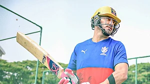Faf Du Plessis in action at the pre-tournament training camp of Royal Challengers Bangalore ahead of the IPL 2024 on March 14, Thursday.