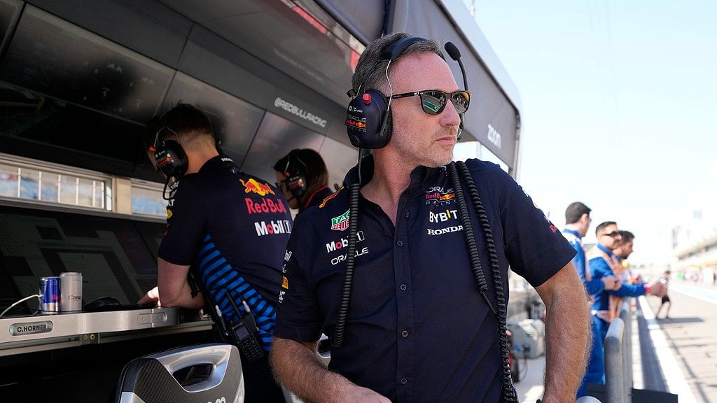  (AP Photo/Darko Bandic) : Red Bull team principal Christian Horner during the first practice session ahead of the Formula One Bahrain Grand Prix at the Bahrain International Circuit in Sakhir, Bahrain, Thursday, Feb. 29, 2024.


