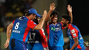 AP : DC players celebrate a wicket in their IPL 2024 match against CSK.