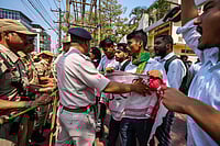 Six Hindu Raksha Dal Activists Arrested For Distributing Swords Photo: AP/Anupam Nath : Hindu Raksha Dal members staged a protest outside Delhi Police headquarters
