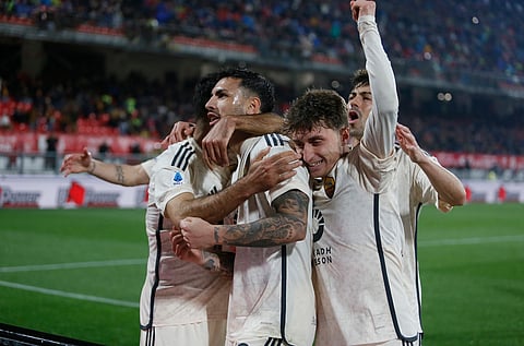 AS Roma's Leandro Paredes, centre, celebrates with teammates after scoring his side's fourth goal during their Serie A 2023-24 football match against AC Monza at the U-Power stadium in Monza, Italy on Sunday (March 3, 2024).