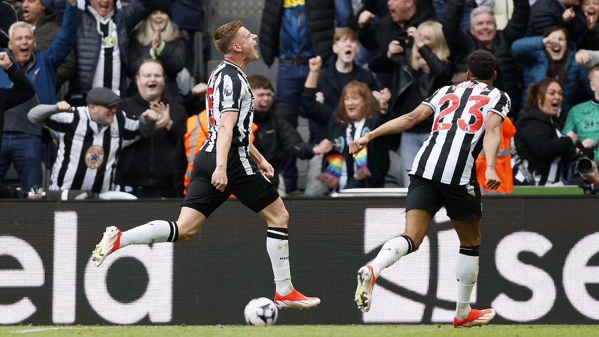 Newcastle United’s Harvey Barnes celebrates his winner. - (Richard Sellers/PA)