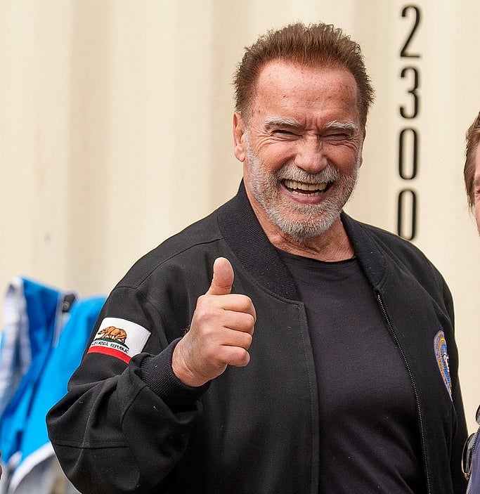 Former California Gov. Arnold Schwarzenegger gives a thumbs up after joining actor Jane Fonda and California Gov. Gavin Newsom and environmental advocates to campaign for Keep The Law (SB 1137) in Inglewood, Calif., on Friday, March. 22, 2024.  - AP