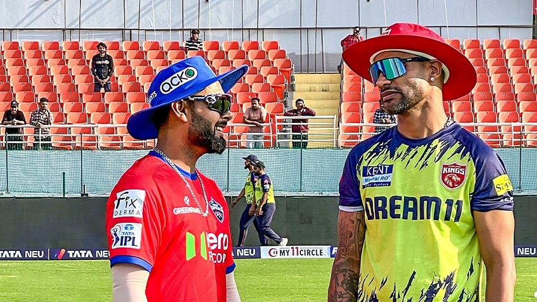 X/Delhi Capitals : Captains Rishabh Pant (left) and Shikhar Dhawan chat ahead of the Indian Premier League 2024 match between Delhi Capitals and Punjab Kings in Mullanpur. 