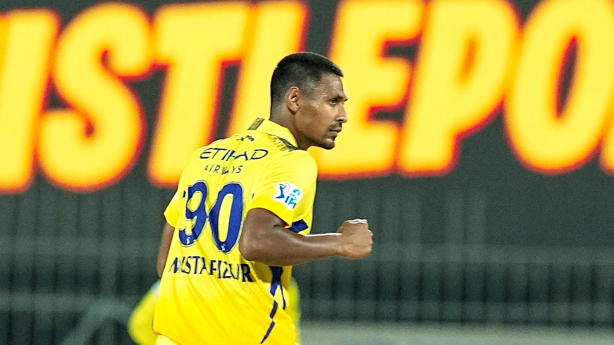 Chennai Super Kings' Mustafizur Rahman celebrates the wicket of Royal Challengers Bengaluru captain Faf du Plessis during their Indian Premier League 2024 cricket match at MA Chidambaram Stadium in Chennai on March 22, 2024. - PTI