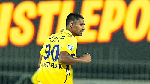 PTI : Chennai Super Kings' Mustafizur Rahman celebrates the wicket of Royal Challengers Bengaluru captain Faf du Plessis during their Indian Premier League 2024 cricket match at MA Chidambaram Stadium in Chennai on March 22, 2024.