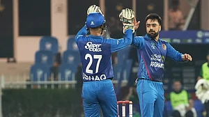 X/Afghanistan Cricket Board : Rashid Khan (right) will lead Afghanistan in the second T20I against Ireland in Sharjah.