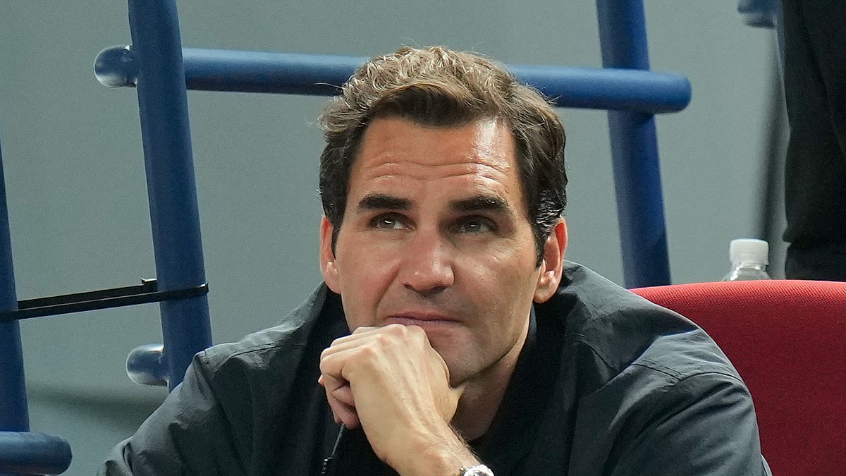 Retired tennis player Roger Federer watches the men's singles quarterfinal match between Andrey Rublev of Russia and Ugo Humbert of France in the Shanghai Masters at Qizhong Forest Sports City Tennis Center in Shanghai, China on October 13, 2023. - AP File