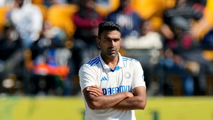 (AP Photo /Ashwini Bhatia)
 : India's Ravichandran Ashwin gestures after bowling a delivery on the third day of the fifth and final test match between England and India in Dharamshala, India, Saturday, March 9, 2024. 