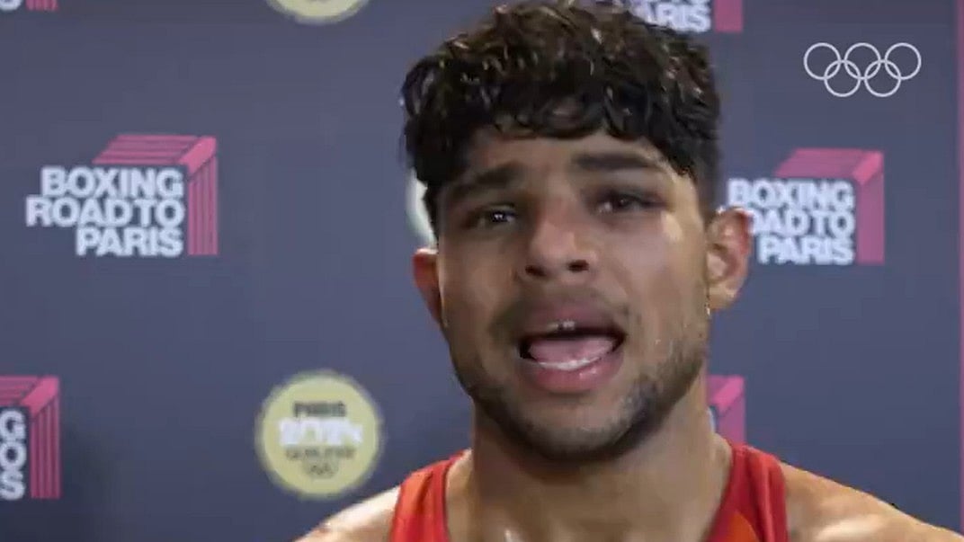 X/The Olympic Games : India's Nishant Dev at the World Olympic Boxing Qualifier 2024 in Busto Arsizio, Italy.