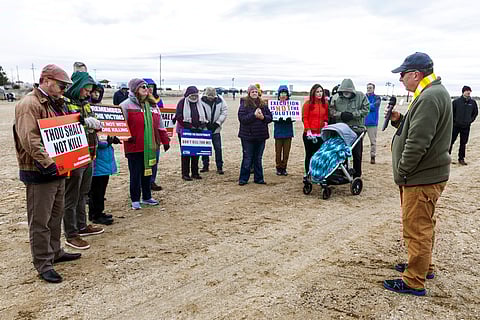 Protesters gather outside of the Idaho State prison complex near Kuna, Idaho, to protest the death penalty, Wednesday, Feb. 28, 2024. Idaho halted the execution of serial killer Thomas Eugene Creech on Wednesday after medical team members repeatedly failed to find a vein where they could establish an intravenous line to carry out the lethal injection.