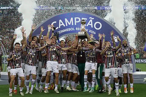 Fluminense players celebrate after beating Liga de Quito in the final and winning the Recopa Sudamericana 2024 title at the Maracana Stadium in Rio de Janeiro, Brazil on Friday, March 1.