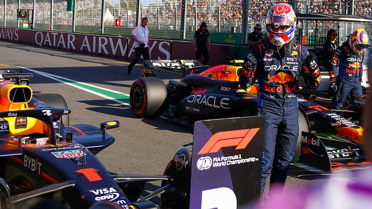 (AP Photo/Scott Barbour)

 : Red Bull driver Max Verstappen of the Netherlands reacts after taking pole position during the qualifying session for the Australian Formula One Grand Prix at Albert Park, in Melbourne, Australia, Saturday, March 23, 2024. 

