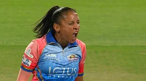 X/imfemalecricket : Mumbai Indians pacer Shabnim Ismail in WPL 2024 action.