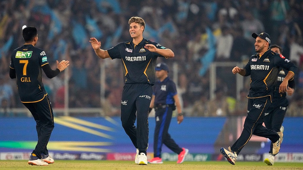 AP : Gujarat Titans celebrate a wicket of Mumbai Indians as the hosts won the encounter by six runs.