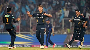 AP : Gujarat Titans celebrate a wicket of Mumbai Indians as the hosts won the encounter by six runs.