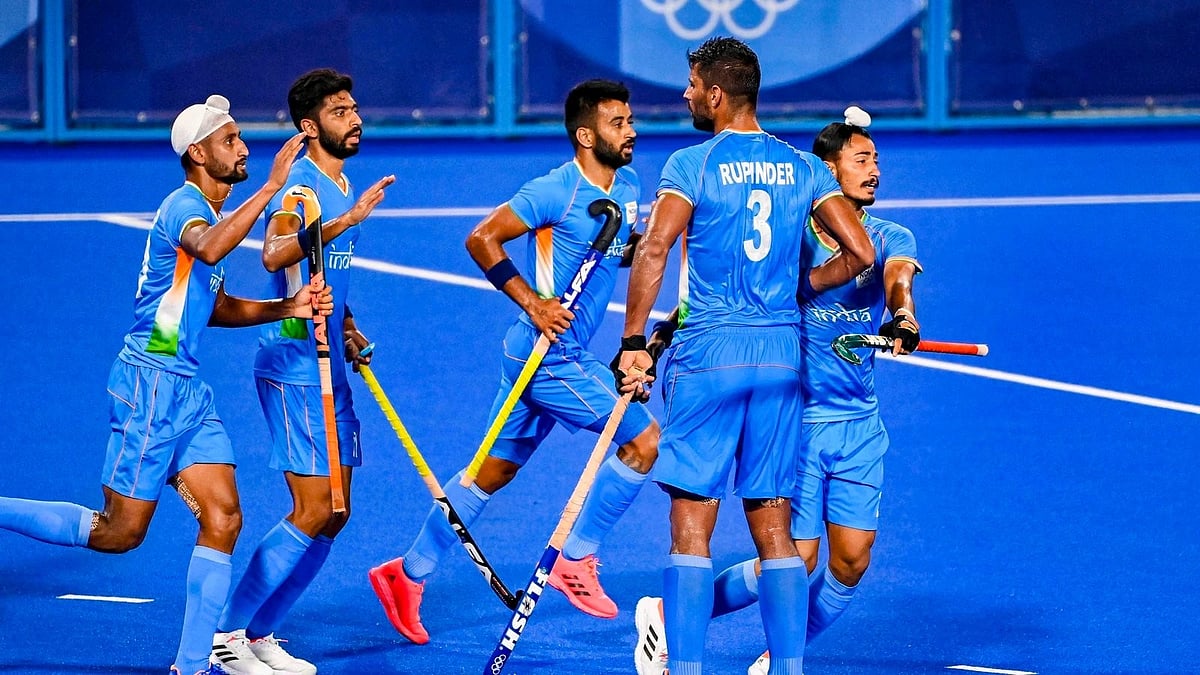 Indian National Men's Hockey team celebrate a goal during the Tokyo Olympics.  - PTI