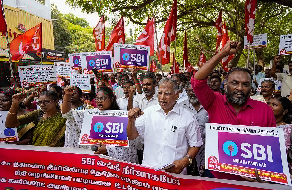PTI : Chennai: CPI(M) workers stage a protest against the State Bank of India (SBI) moving the Supreme Court to seek more time to disclose electoral bond details
