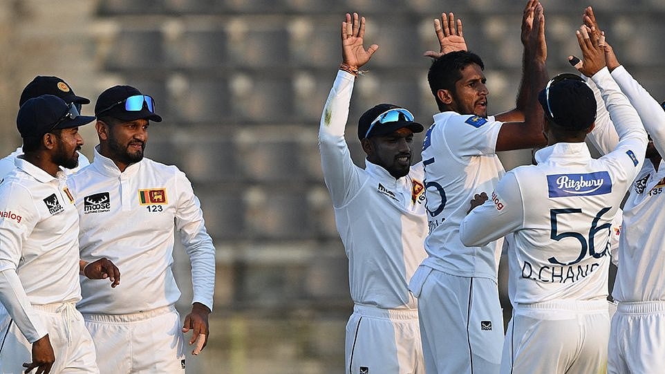 Photo: X/ICC : Sri Lanka players celebrate a Bangladesh wicket on Day 1 of the first Test match in Sylhet.
