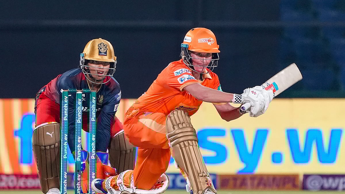 Gujarat Giants' Beth Mooney (right) bats during match 13 of the Women's Premier League 2024 against Royal Challengers Bangalore at the Arun Jaitley Stadium in Delhi. - PTI/Ravi Choudhary
