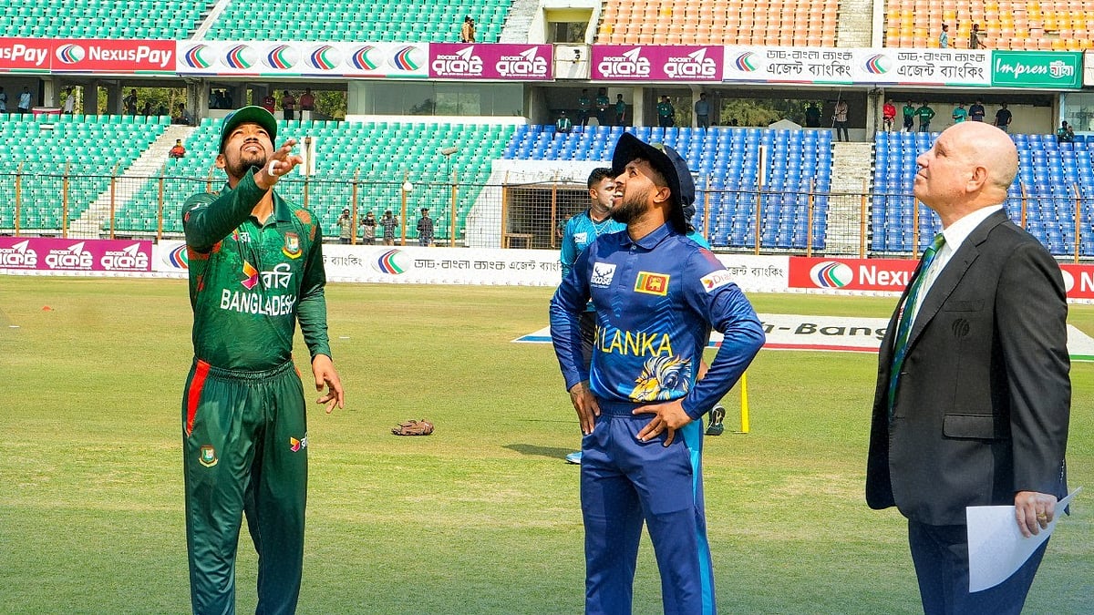 X/Sri Lanka Cricket : Captains Najmul Hossain Shanto (left) and Kusal Mendis (centre) at the toss for the first Bangladesh vs Sri Lanka ODI in Chattogram on Wednesday (March 13).