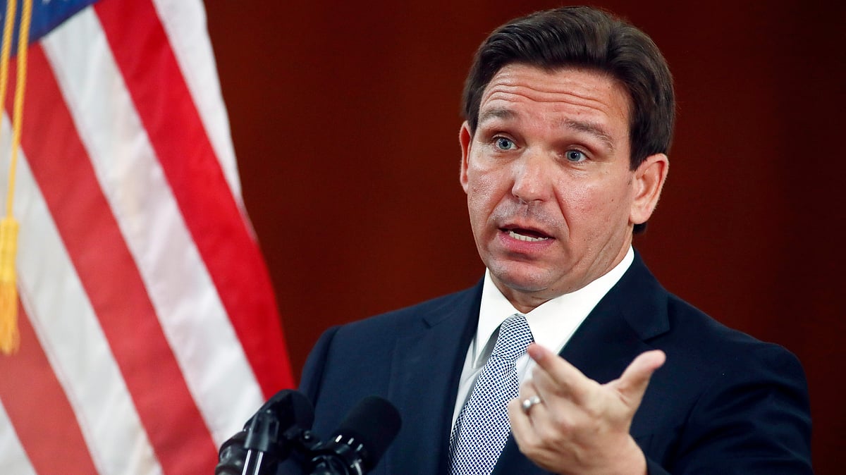 Florida Gov. Ron DeSantis answers questions from the media, March 7, 2023, at the state Capitol in Tallahassee, Florida. - AP