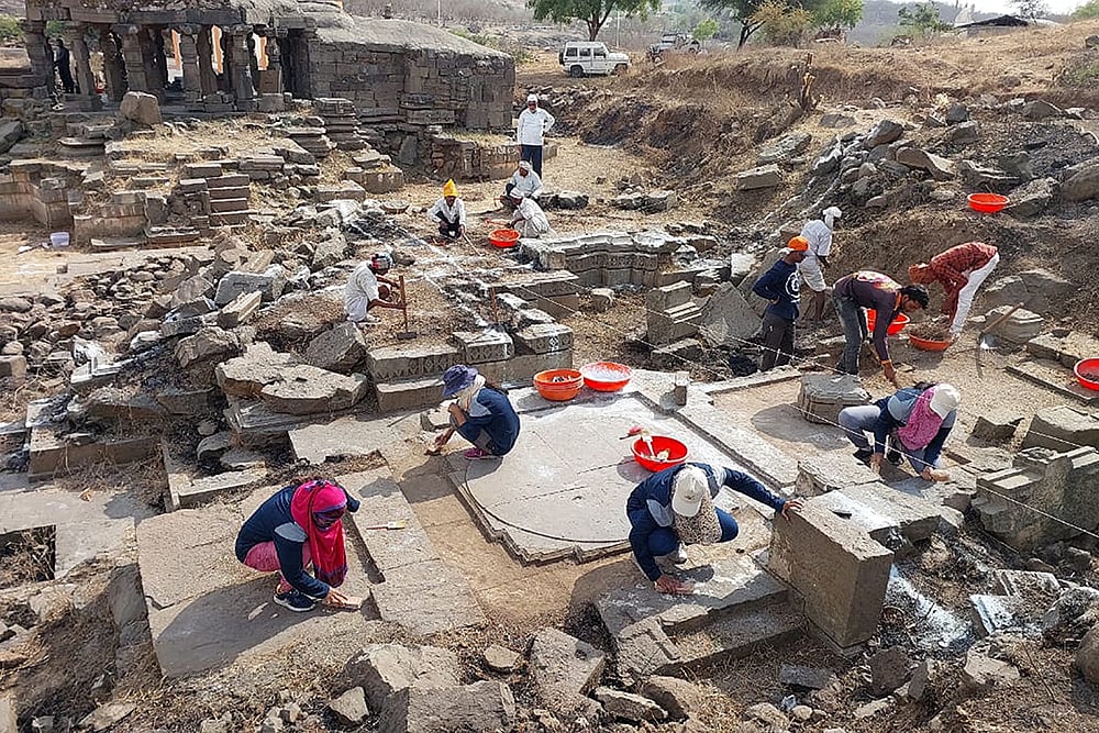 | Photo: PTI : Temple bases found during excavation in Ambajogai