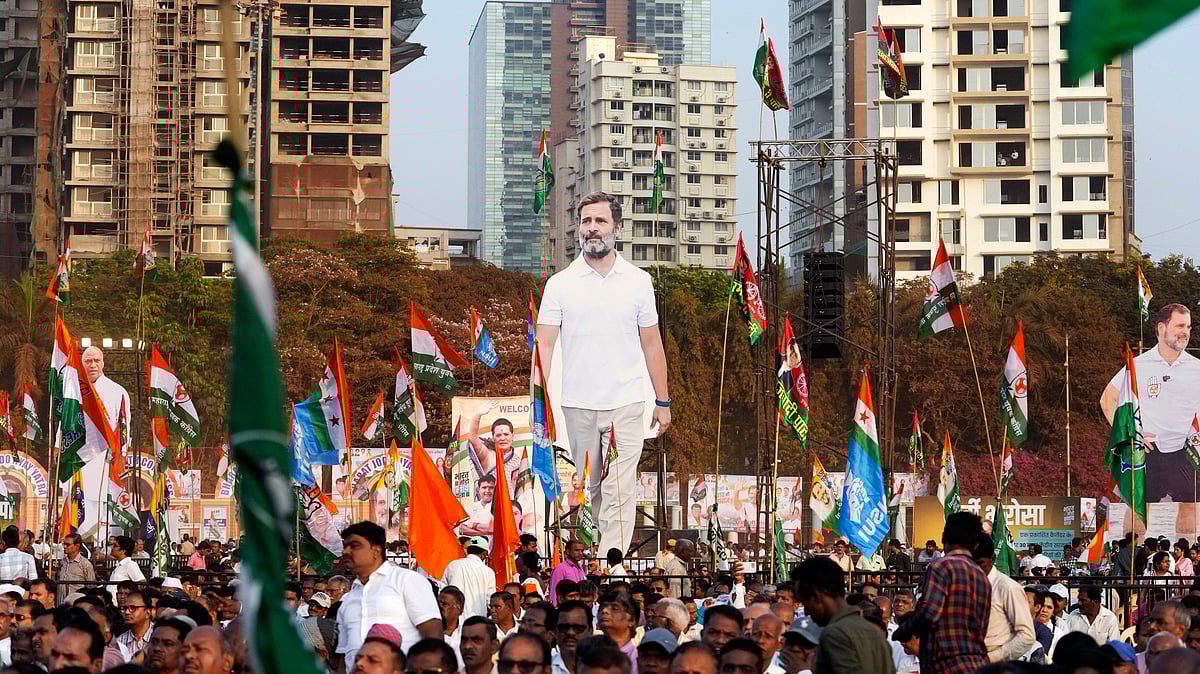 AP : Supporters carry large cutouts of India's opposition Indian National Congress party leader Rahul Gandhi and other opposition leaders during a rally at the conclusion of Bharat Jodo Nyay Yatra in Mumbai, India, Sunday, March 17, 2024. 
