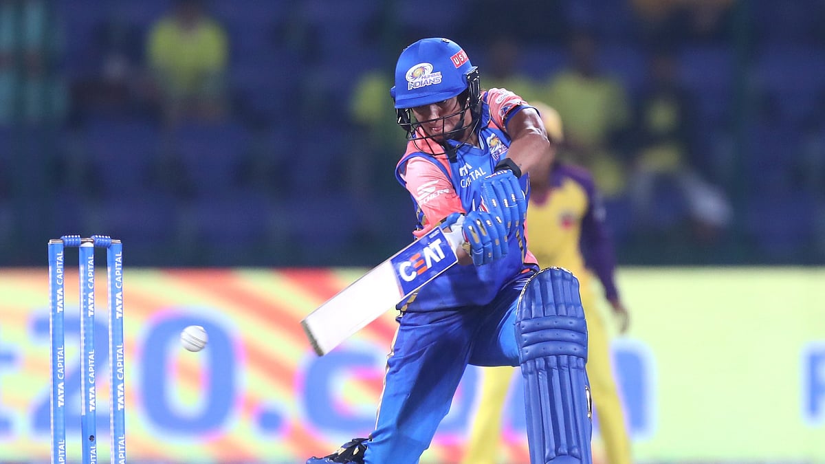 Photo: X/ @wplt20 : Mumbai Indians captain Harmanpreet Kaur playing a shot against UP Warriorz 