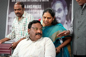 PTI : Former Delhi University professor G.N. Saibaba with wife Vasantha Kumari during a press conference following his release from the Nagpur Central Jail after the Bombay High Court acquitted him in an alleged Maoist links case, in New Delhi, Friday, March 8, 2024.
