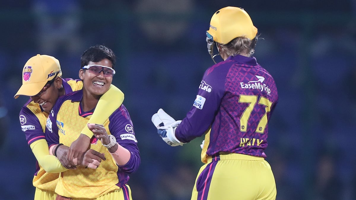 Photo: X/ @wplt20 : UP Warriorz's Deepti Sharma (M) celebrating with her teammates after taking a hat-trick against Delhi Capitals in WPL 2024.