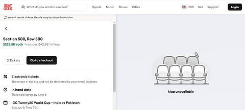 Screenshot of the ticket price on resale website SeatGeek for the India vs Pakistan, ICC T20 World Cup 2024 match as taken on March 4, 2024.