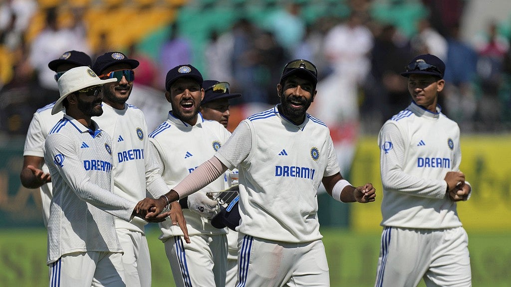 AP/Ashwini Bhatia : India celebrate after winning the fifth Test match against England in Dharamshala on Day 3 (March 9, 2024).