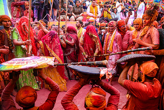 UP's Mathura Drenched In Colours Of 'Lathmar Holi' Celebrations | In Pics
