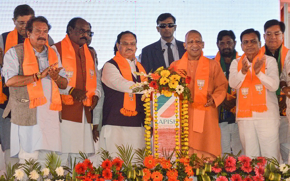 PTI : Agra: Uttar Pradesh Chief Minister Yogi Adityanath with BJP National President JP Nadda and others during the 'Scheduled Caste Mahasammelan' organised by BJP Scheduled Caste Morcha, in Agra district, Thursday, March 7, 2024. 
