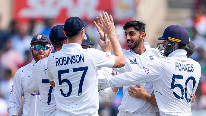 AP : England's Shoaib Bashir, second right, celebrates the wicket of India's Rajat Patidar on Day 4 of the fourth Test in Ranchi, February 26, 2024.