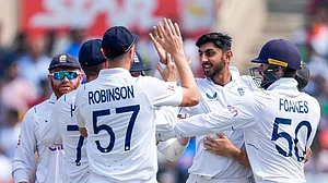 AP : England's Shoaib Bashir, second right, celebrates the wicket of India's Rajat Patidar on Day 4 of the fourth Test in Ranchi, February 26, 2024.