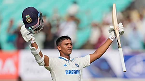 AP : India opener Yashasvi Jaiswal celebrates his century against England on Day 3 of the third Test in Rajkot.