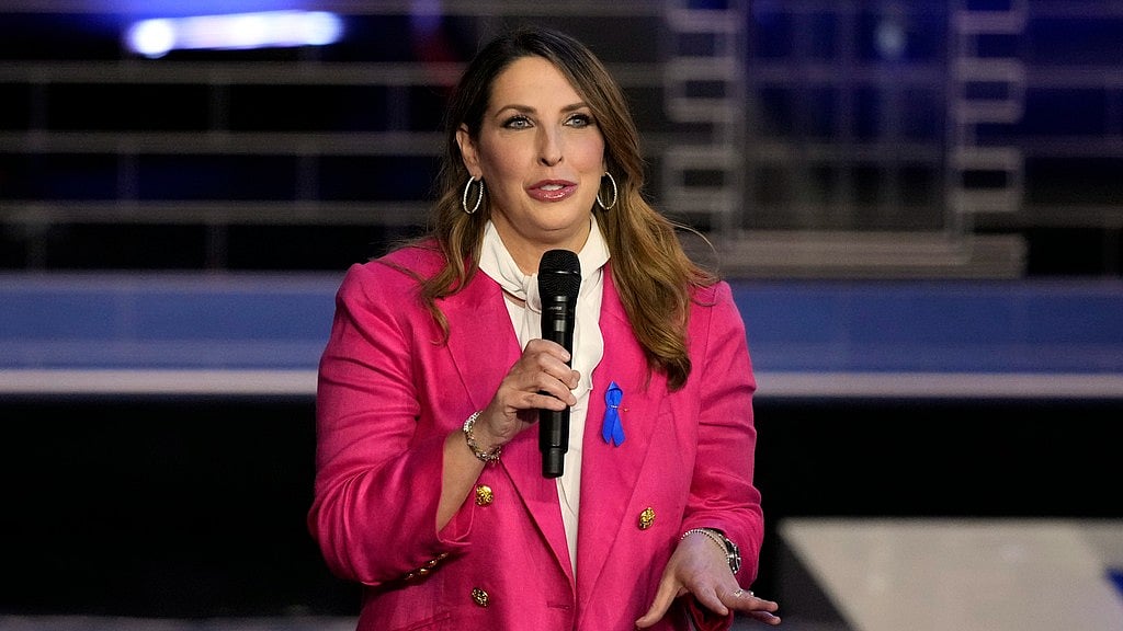 AP : Republican National Committee chair Ronna McDaniel speaks before a Republican presidential primary debate hosted by NBC News on Nov. 8, 2023.