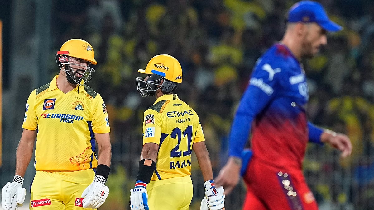 PTI Photo/R Senthilkumar : Chennai Super Kings' Ajinkya Rahane and Daryl Mitchell during the Indian Premier League (IPL) 2024 cricket match between Chennai Super Kings and Royal Challengers Bengaluru at MA Chidambaram Stadium.