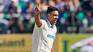 File : India's Ravichandran Ashwin celebrates the wicket of England's Zak Crawley on the third day of the fifth and final test match between England and India in Dharamshala, India, Saturday, March 9, 2024.