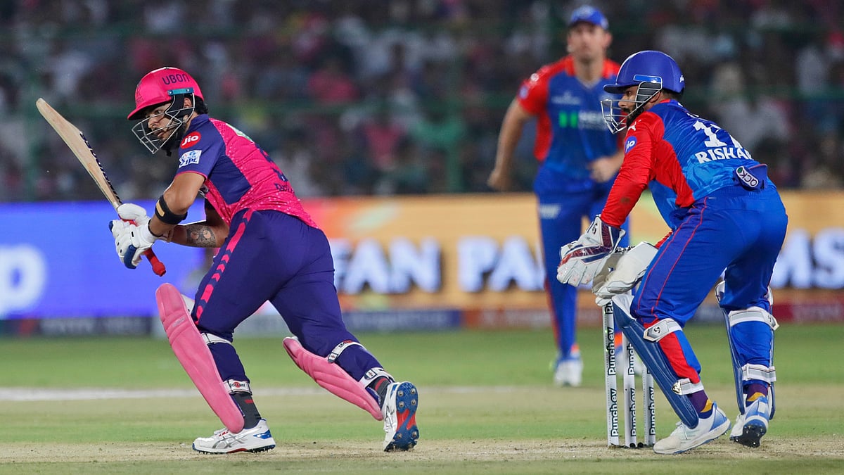Rajasthan Royals' Riyan Parag plays a shot during their Indian Premier League match against Delhi Capitals in Jaipur on March 28, 2024. - Pankaj Nangia
