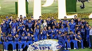 (Photo: X | Mumbai Indians) : Team Mumbai Indians with their fourth trophy of Indian Premier League.